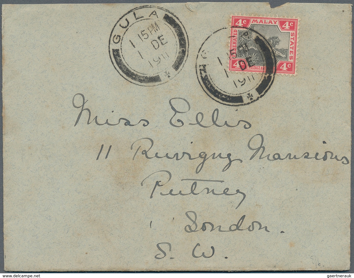 Malaiische Staaten - Perak: 1911 (1.12.), Tiger 4c. Grey/scarlet Single Use On Cover From GULA To Lo - Perak