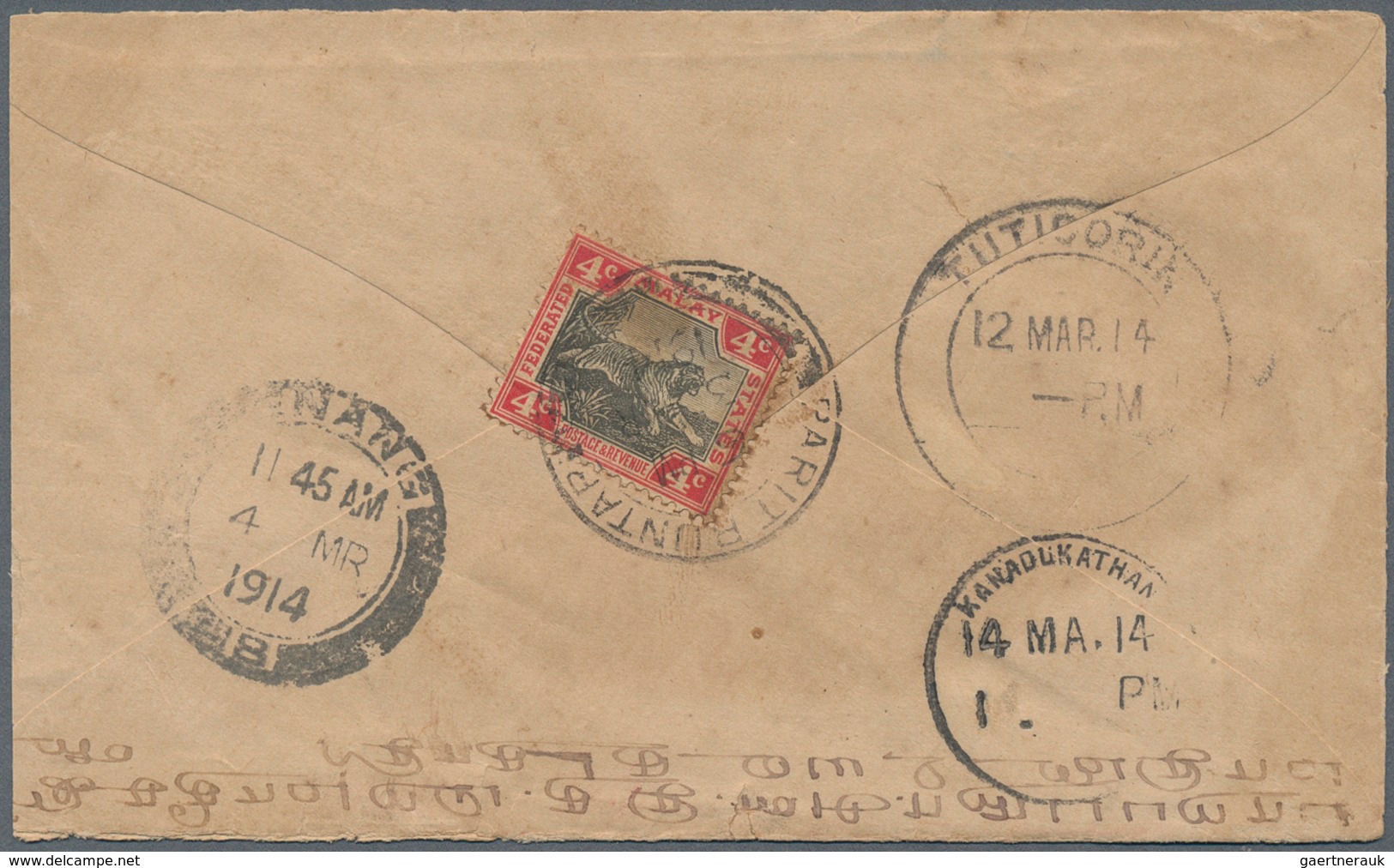 Malaiische Staaten - Perak: 1913/1914, PARIT BUNTAR: Two Commercial Covers Bearing FMS Tiger Stamps - Perak