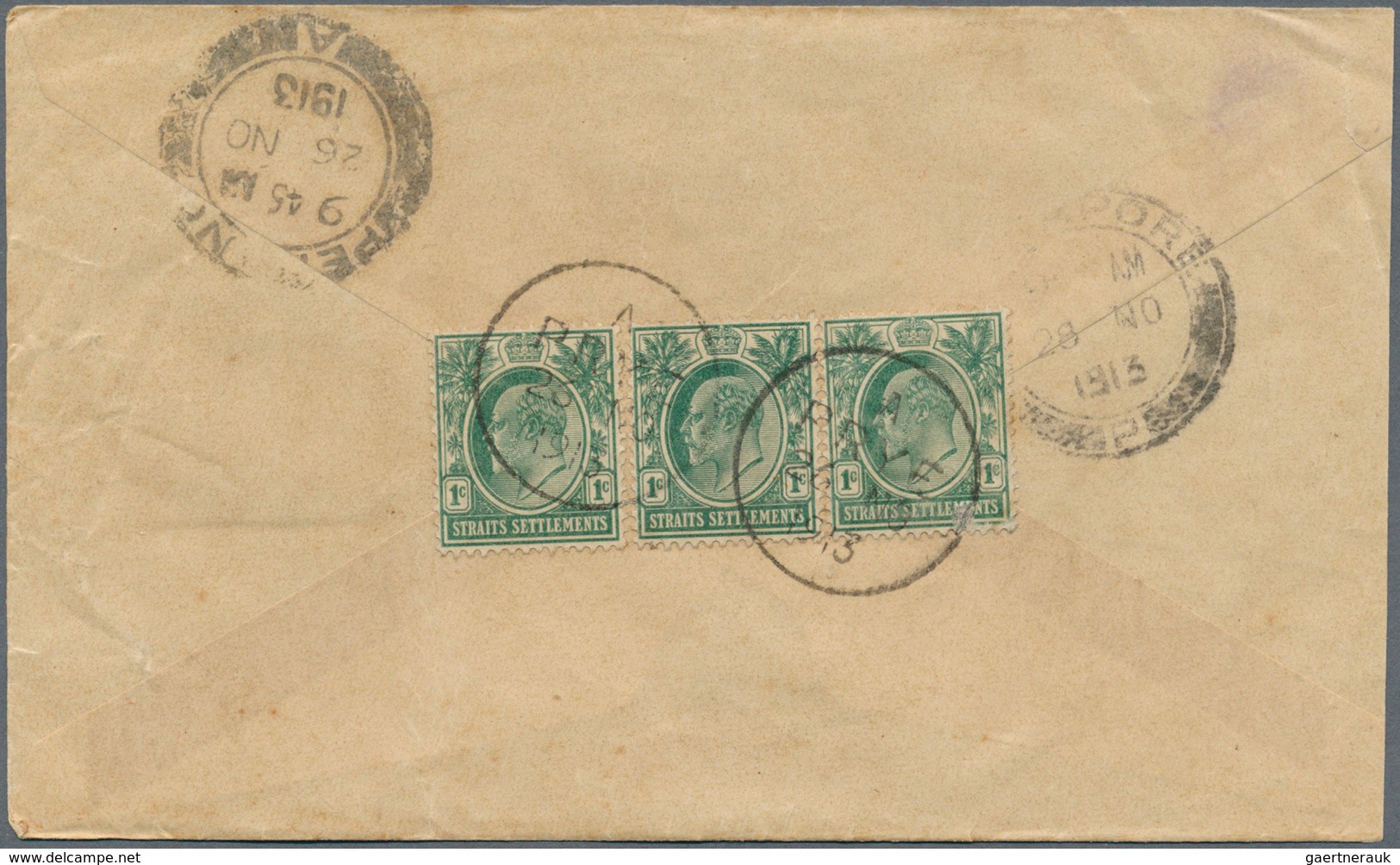 Malaiische Staaten - Perak: 1913, 1c. Green (3, One Faulty) On Reverse Of Cover From "PRYNE 26 NO 19 - Perak