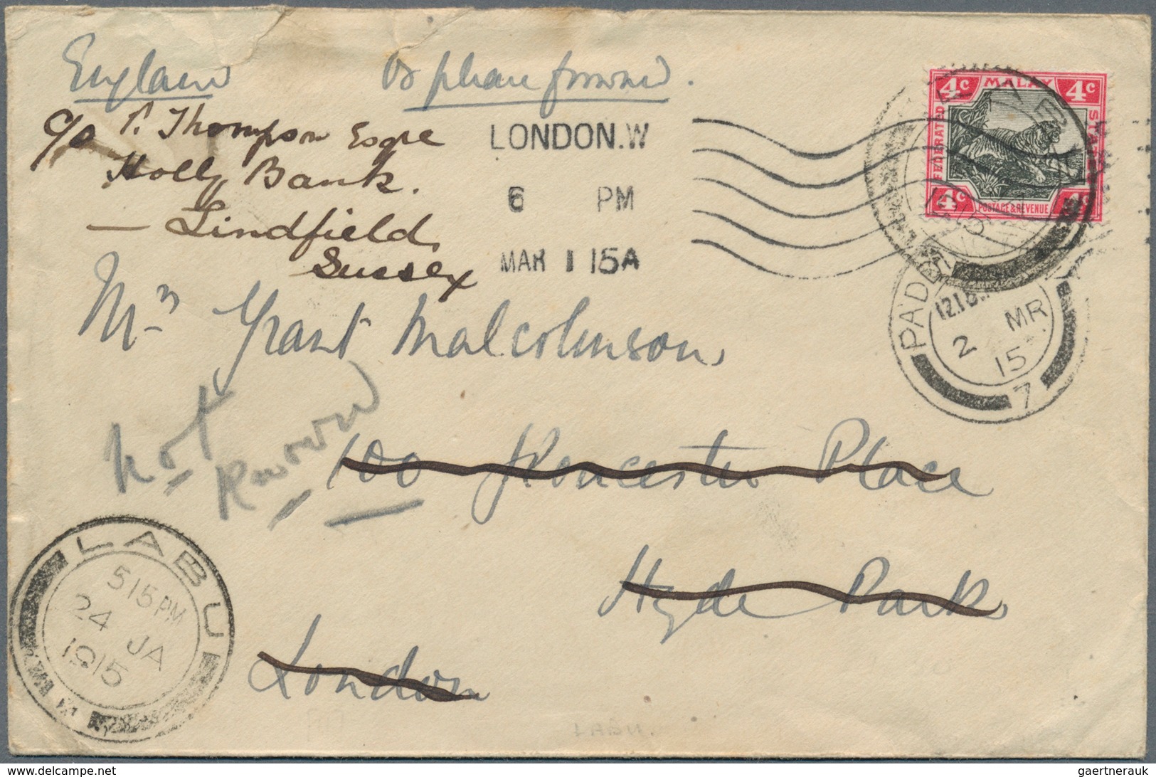 Malaiische Staaten - Perak: 1915, Letter Addressed To LONDON Franked With 4c Tiger Tied By LABU Date - Perak