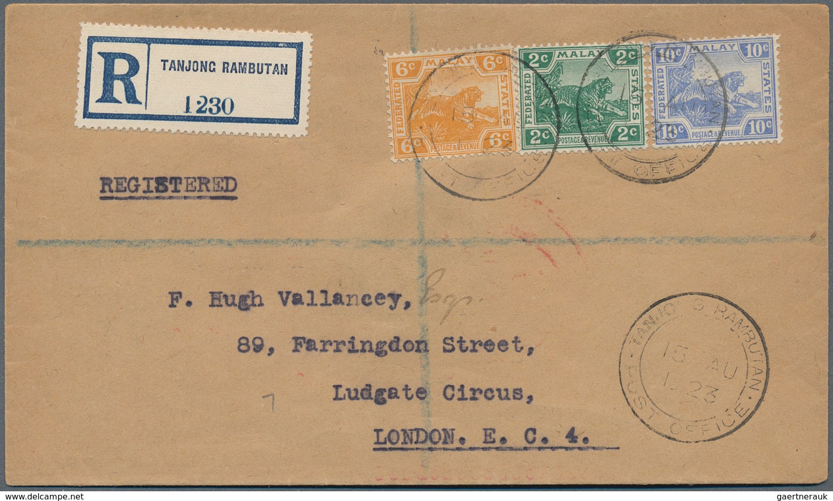 Malaiische Staaten - Perak: 1923 (15.8.), Tiger Stamps 10c. Blue, 6c. Orange And 2c. Green Used On R - Perak