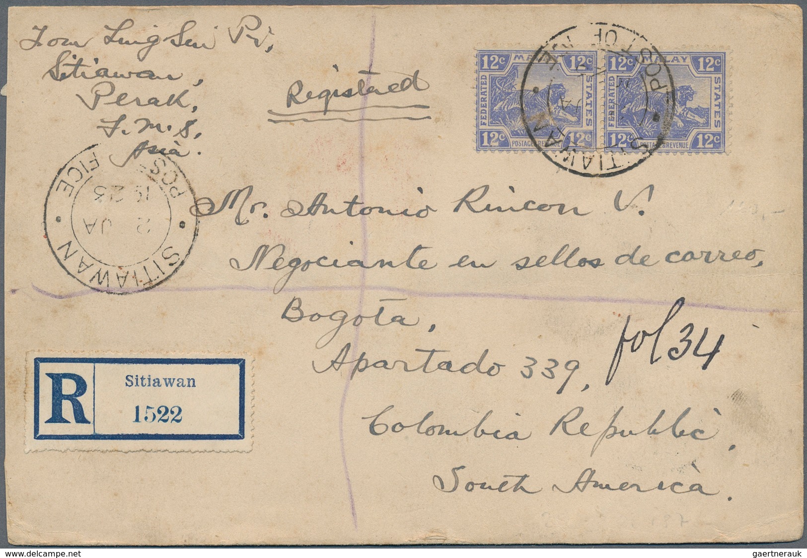 Malaiische Staaten - Perak: 1923 Destination COLOMBIA: Registered Cover From Sitiawan, Perak To Bogo - Perak