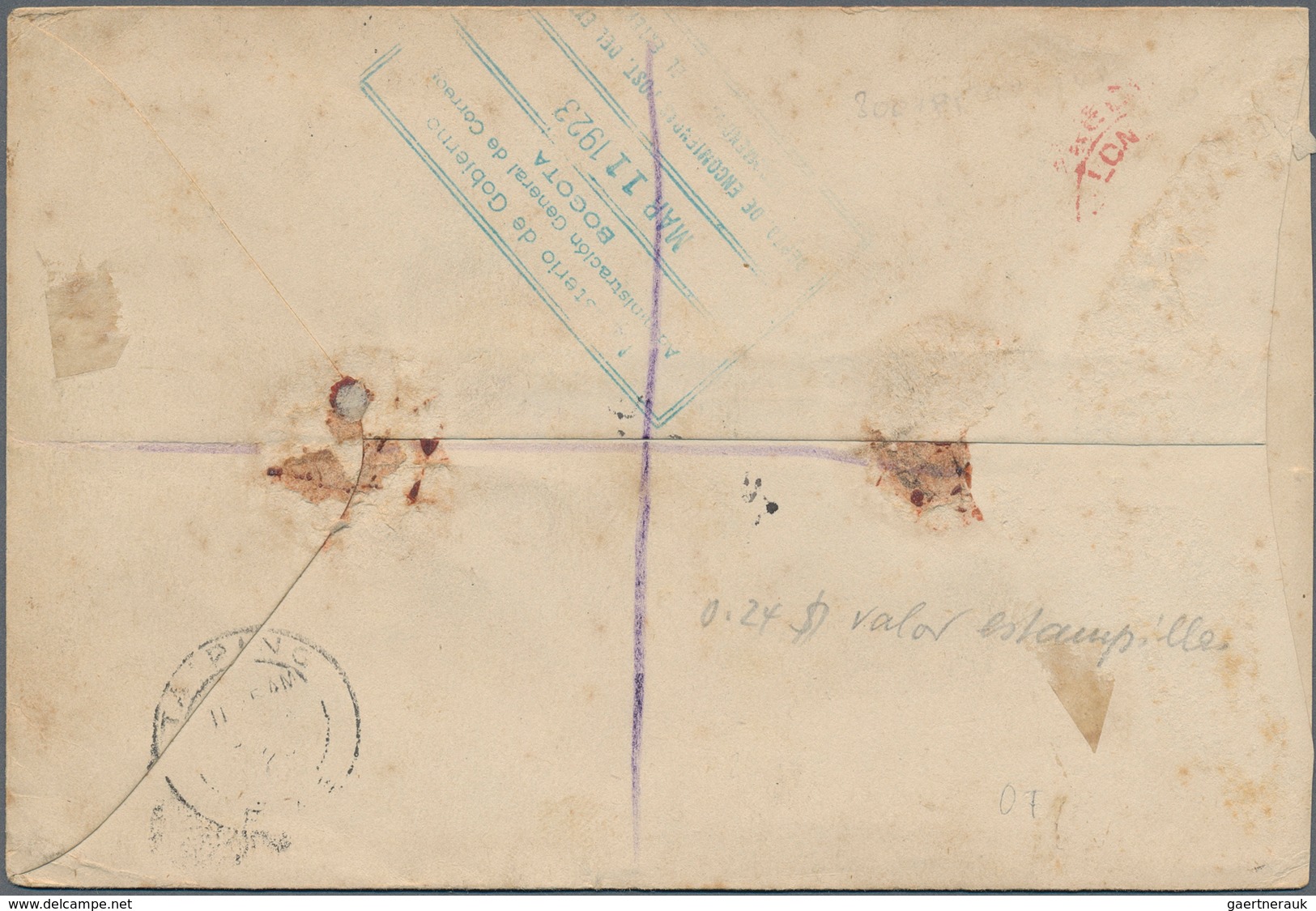 Malaiische Staaten - Perak: 1923 Destination COLOMBIA: Registered Cover From Sitiawan, Perak To Bogo - Perak