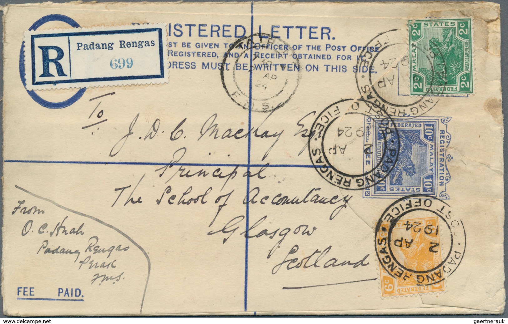 Malaiische Staaten - Perak: 1924, Uprated Registered Stationery Envelope 10c. Blue (RE3a) Used From - Perak