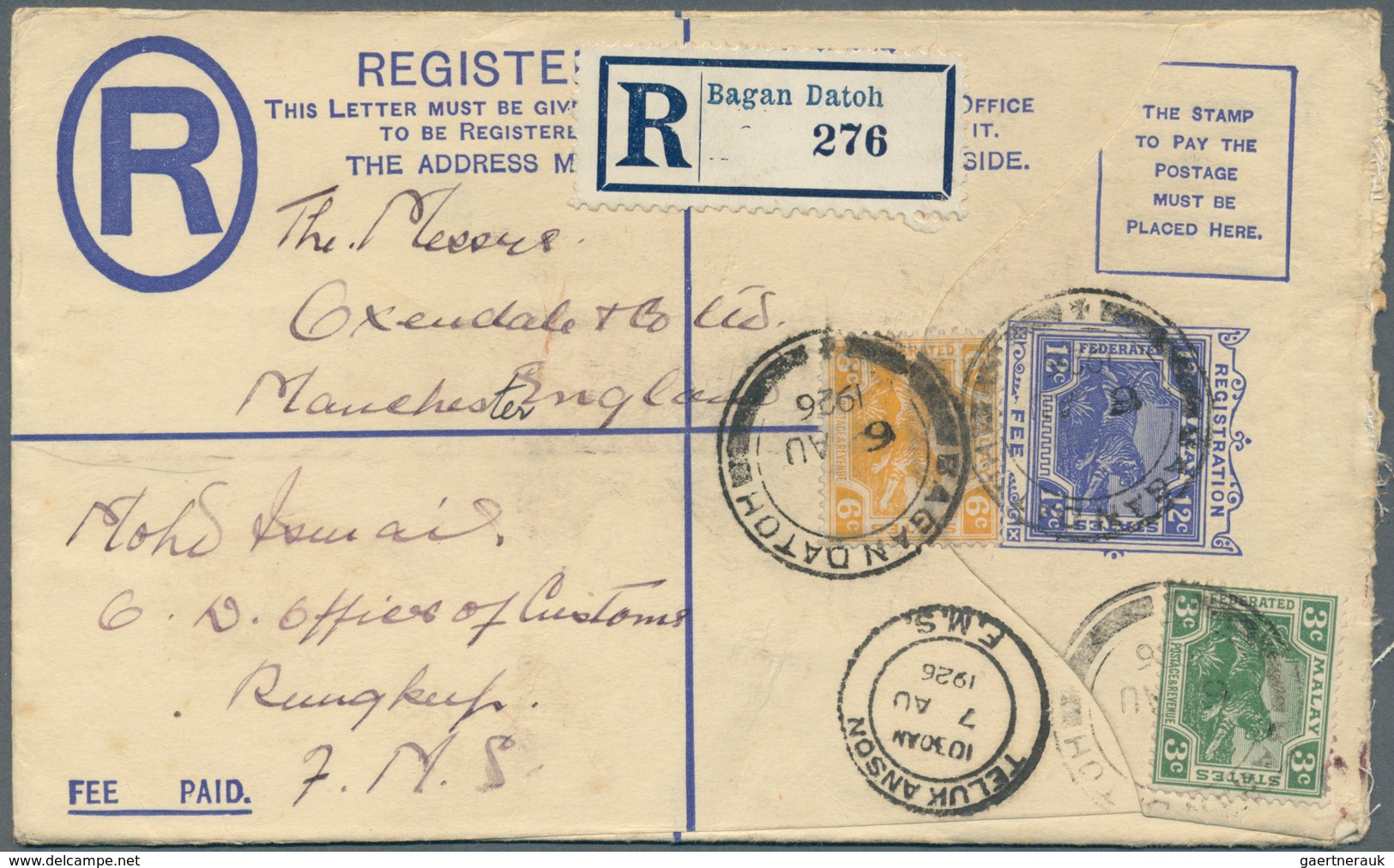 Malaiische Staaten - Perak: 1926 (6/8): Bagan Datoh, FMS 12c Registered Envelope To Manchester, Upra - Perak