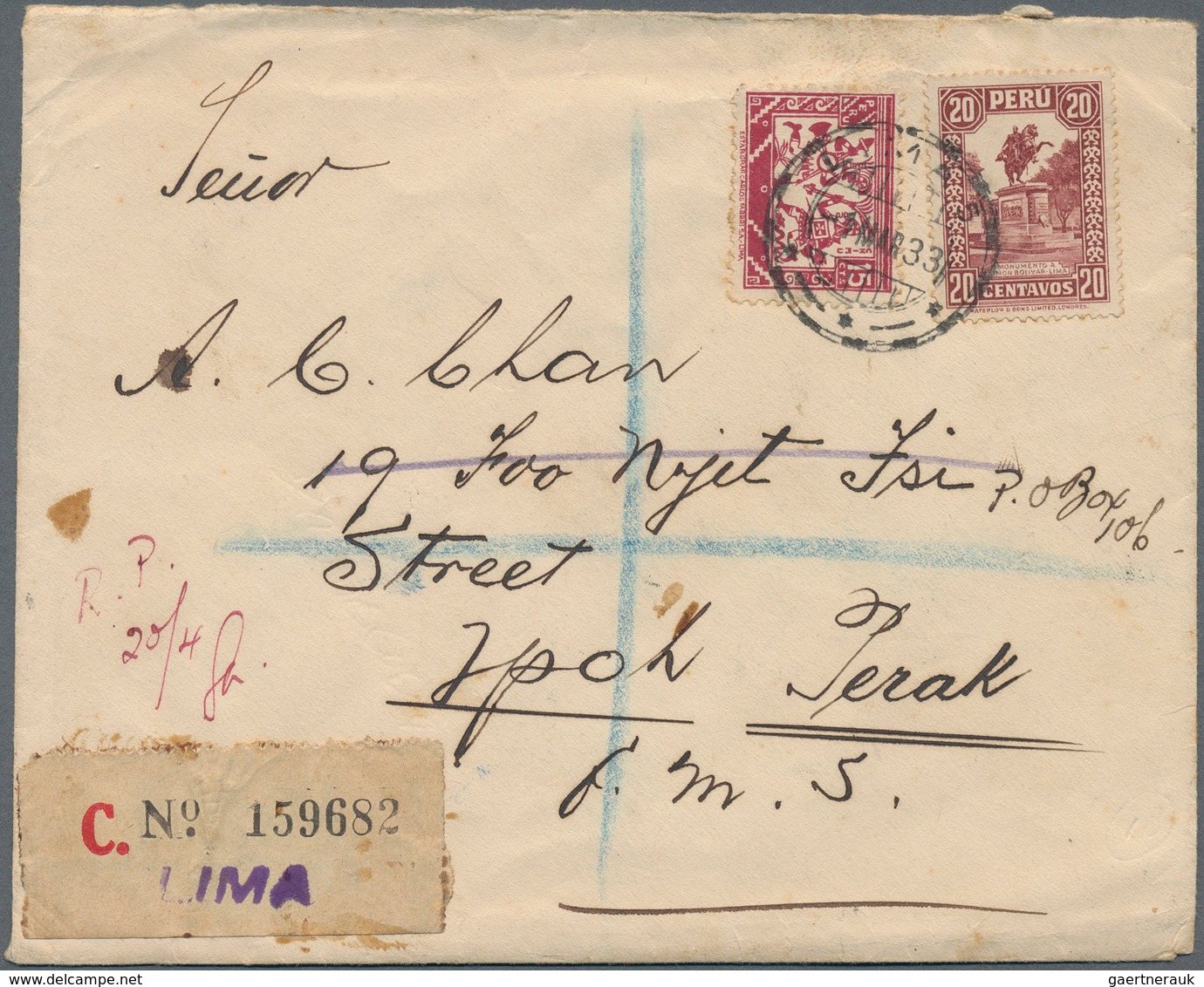 Malaiische Staaten - Perak: INCOMING MAIL: 1933 (1.3.), Registered Cover From Lima/PERU With Prov. R - Perak