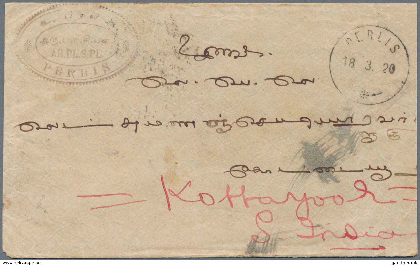 Malaiische Staaten - Perlis: 1920 Cover From PERLIS To India Franked On The Reverse By Kedah 4c. Red - Perlis