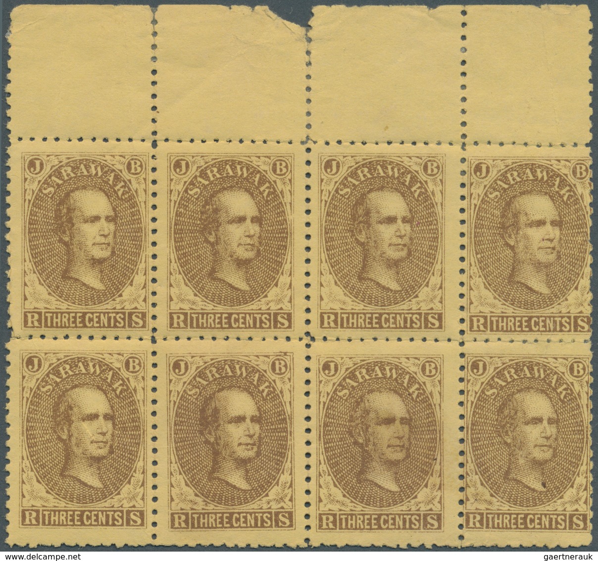 Malaiische Staaten - Sarawak: 1869, Sir James Brooke 3c. Brown On Yellow Marginal Block Of Eight Fro - Autres & Non Classés