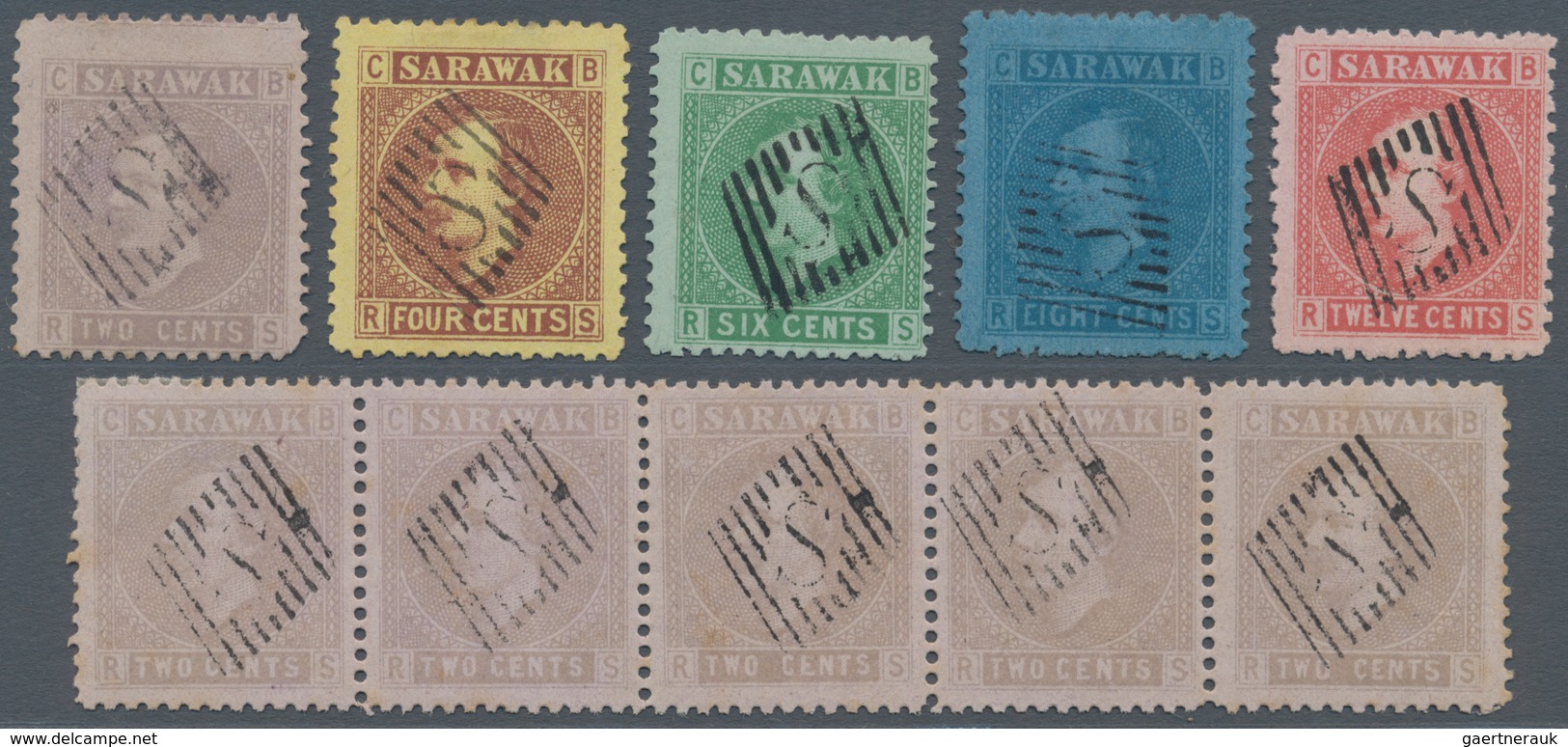 Malaiische Staaten - Sarawak: 1875, Sir Charles Brooke Complete Set Of Five And Additional 2c. Strip - Autres & Non Classés