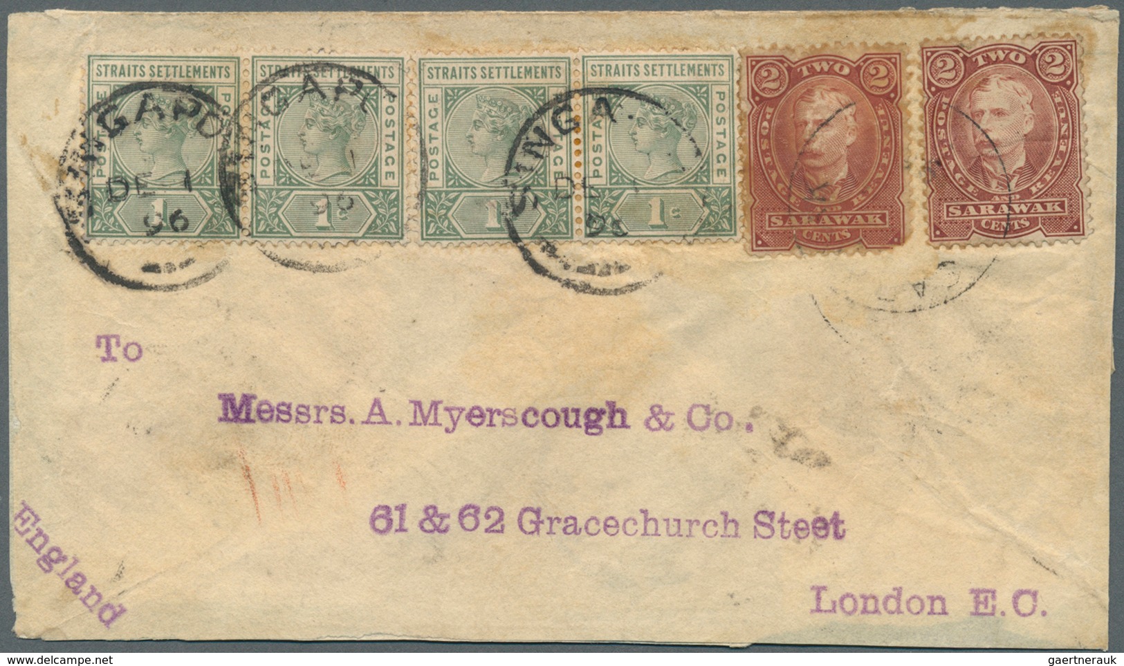 Malaiische Staaten - Sarawak: 1896, Sir Charles Brooke 2c. Brown-red Two Singles Used On Cover With - Autres & Non Classés