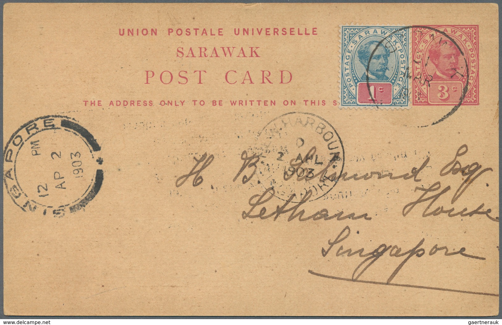 Malaiische Staaten - Sarawak: 1903, 3 C Carmine Postal Stationery Card, Uprated With 1 C Blue/rose, - Sonstige & Ohne Zuordnung