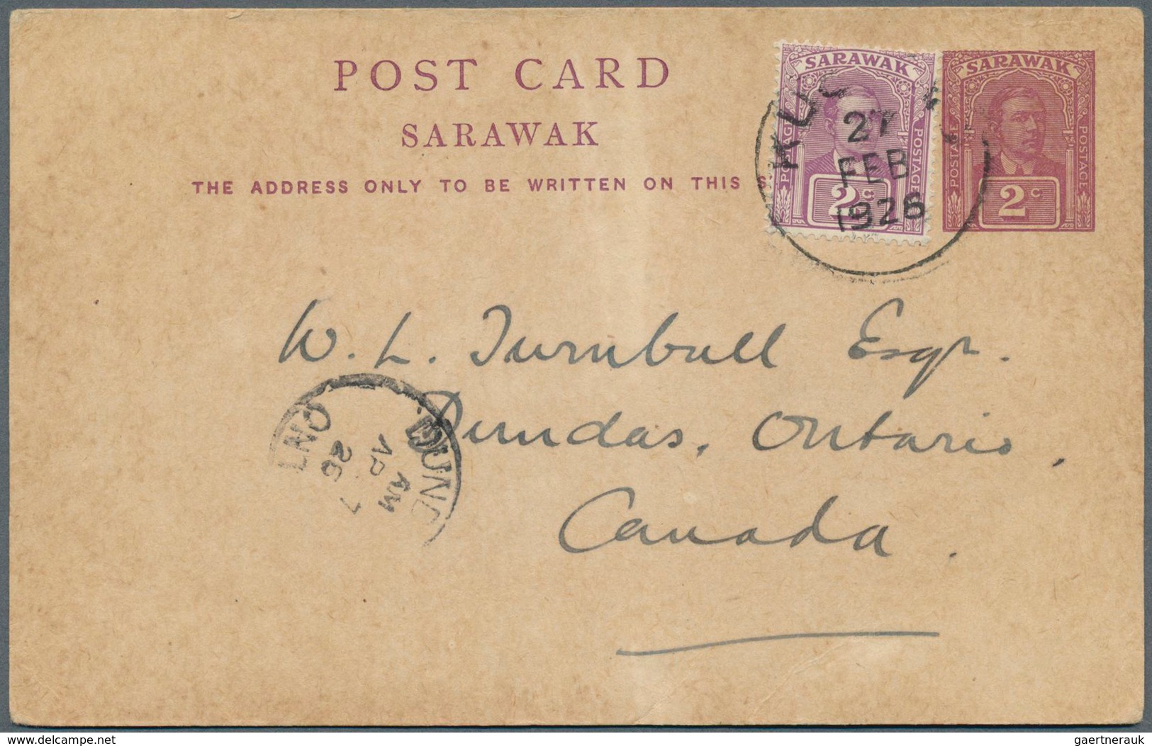 Malaiische Staaten - Sarawak: 1921 Postal Stationery Card 2c. Red-violet Used From Kuching To CANADA - Autres & Non Classés