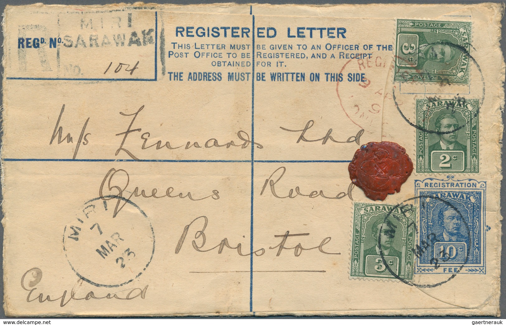 Malaiische Staaten - Sarawak: 1923, 10 C Blue Registered Pse, Uprated With 2 C Green And 2 X 3 C Dul - Autres & Non Classés