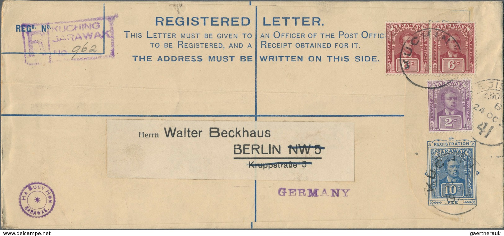 Malaiische Staaten - Sarawak: 1925, 10 C Blue Registered Pse, Uprated With 2 C Purple And 2 X 6 C Cl - Autres & Non Classés