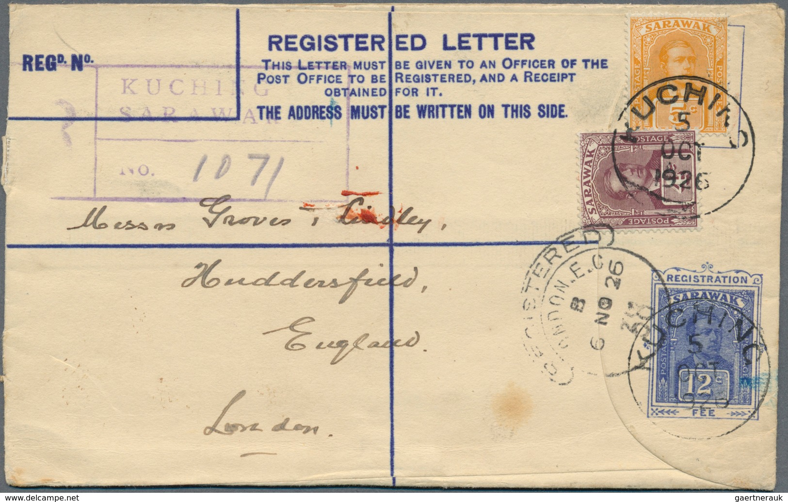 Malaiische Staaten - Sarawak: 1926 (5.10.), Registered Letter 'Sir Charles Vyner Brooke' 12c. Blue U - Autres & Non Classés