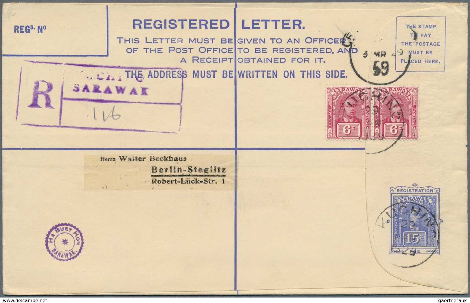 Malaiische Staaten - Sarawak: 1929 (29.1.), Registered Letter 'Sir Charles Vyner Brooke' 15c. Blue ( - Sonstige & Ohne Zuordnung