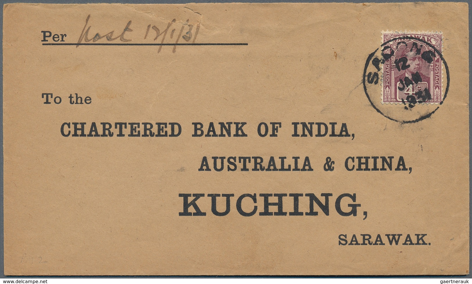 Malaiische Staaten - Sarawak: 1931, 4 C Brown-purple, Single Franking On Bank Cover With Single Circ - Autres & Non Classés