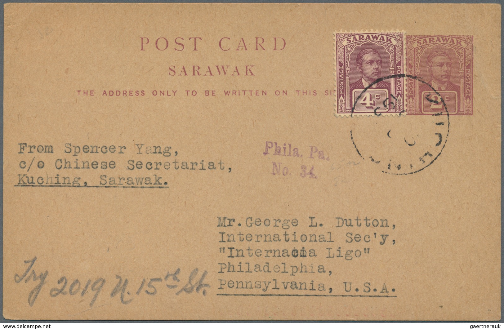 Malaiische Staaten - Sarawak: 1931, 2 C Lilac Postal Stationery Card, Uprated With 4 C Brown-purple, - Autres & Non Classés