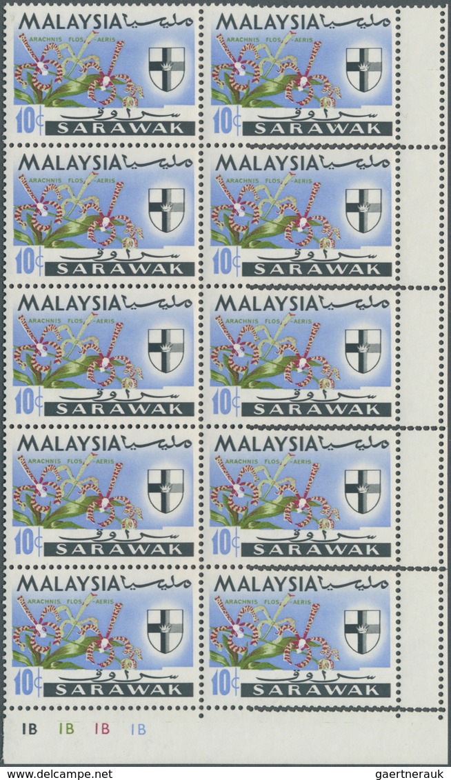 Malaiische Staaten - Sarawak: 1965, Orchids 10c. 'Arachnanthe Moschifera' Block Of Ten From Lower Ri - Autres & Non Classés