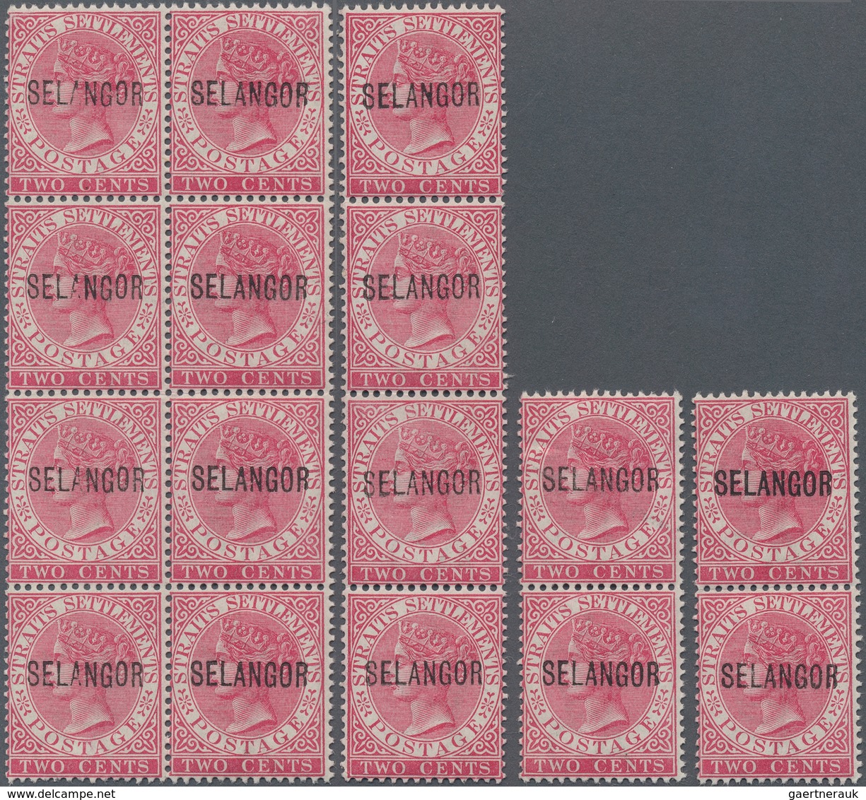Malaiische Staaten - Selangor: 1885 QV 2c. Rose Optd. "SELANGOR" Type 24, Group Of 16 Stamps Buildin - Selangor