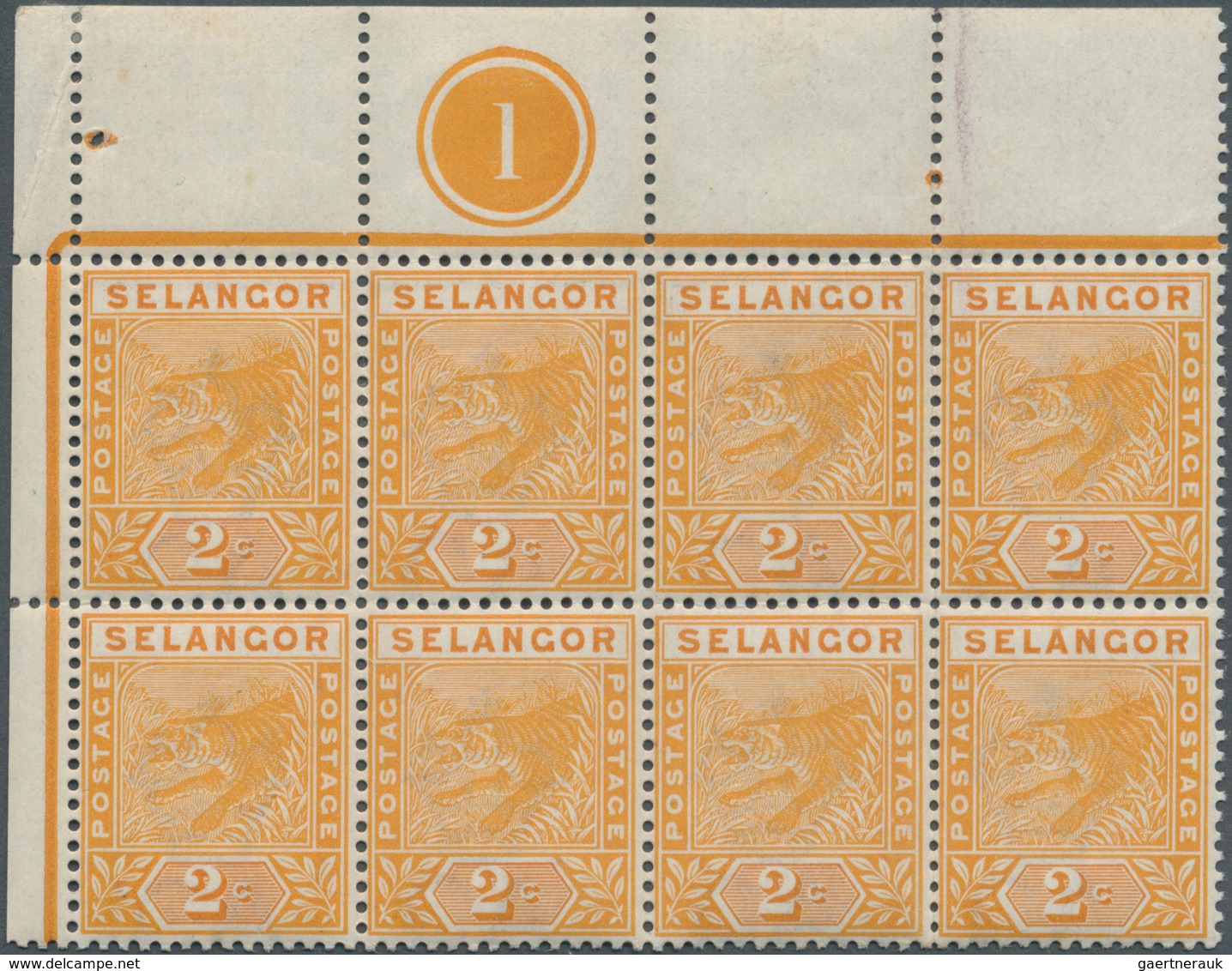 Malaiische Staaten - Selangor: 1895, 2c. Orange, Top Mraginal Block Of Eight From The Upper Left Cor - Selangor