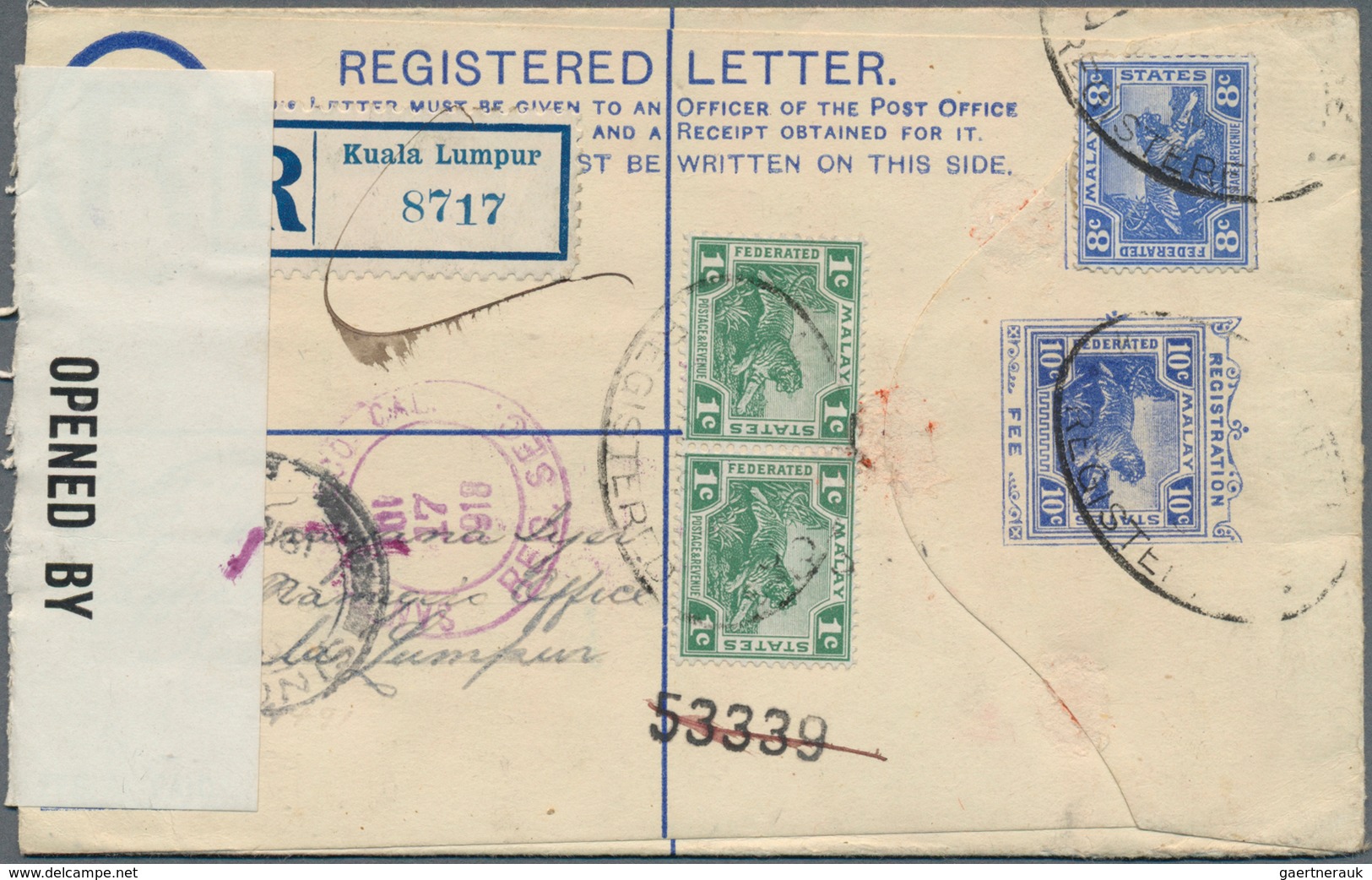 Malaiische Staaten - Selangor: 1918, 10 C Ultramarine "tiger" Registered Pse, Uprated With 2 X 1 C G - Selangor