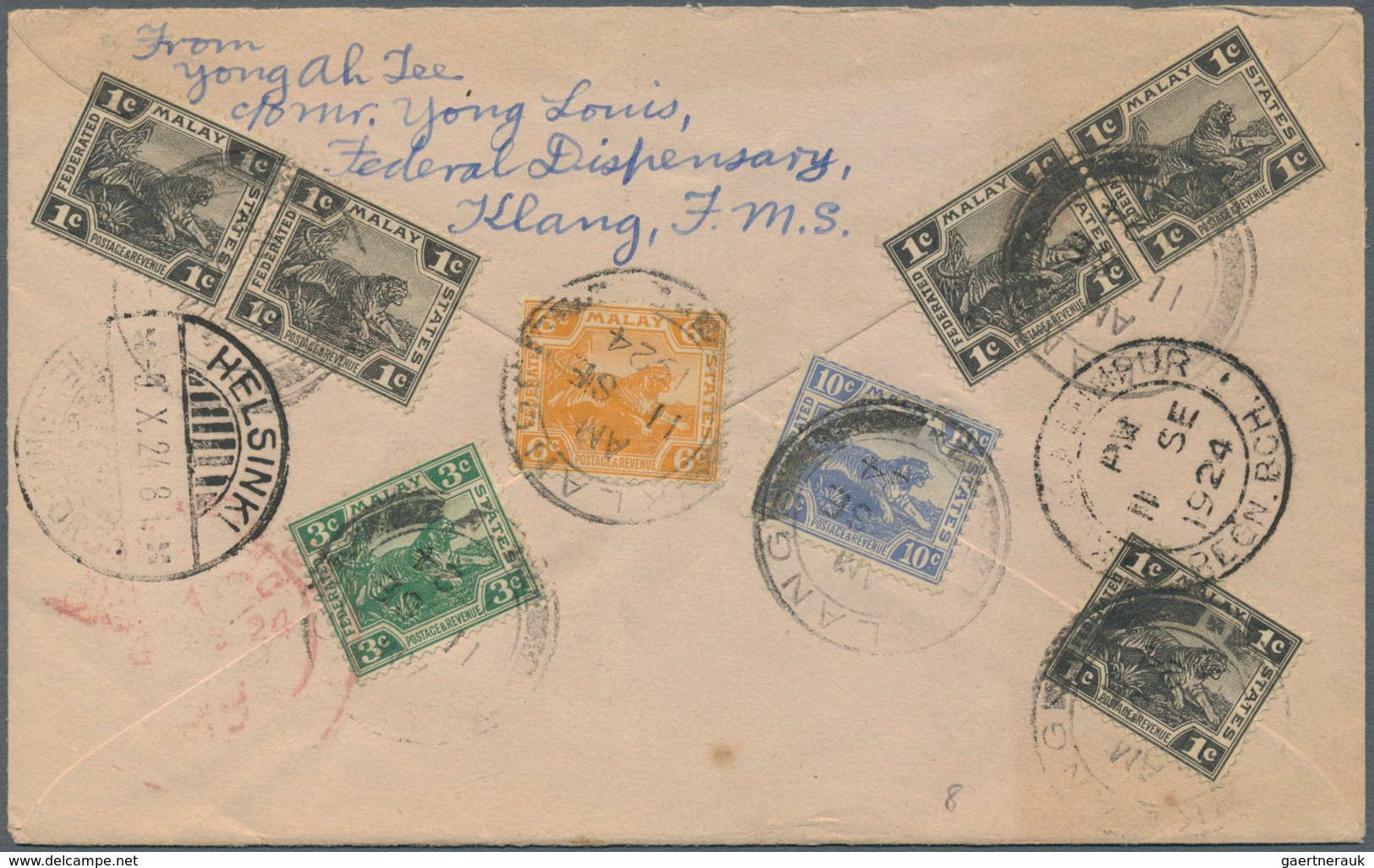 Malaiische Staaten - Selangor: 1924 Destinatin FINLAND, Registered Cover From Klang To Helsingfors, - Selangor