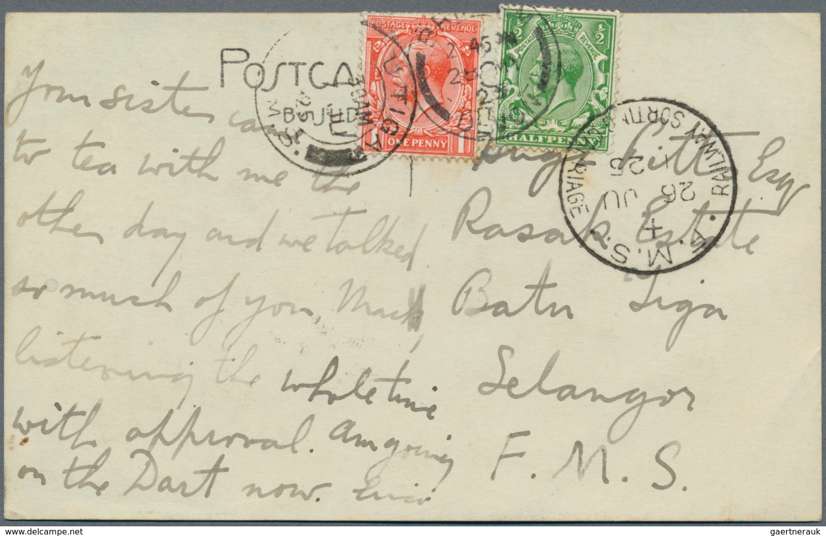 Malaiische Staaten - Selangor: 1925, TRAVELLING POST OFFICE: Incoming Picture Postcard From Devon/En - Selangor