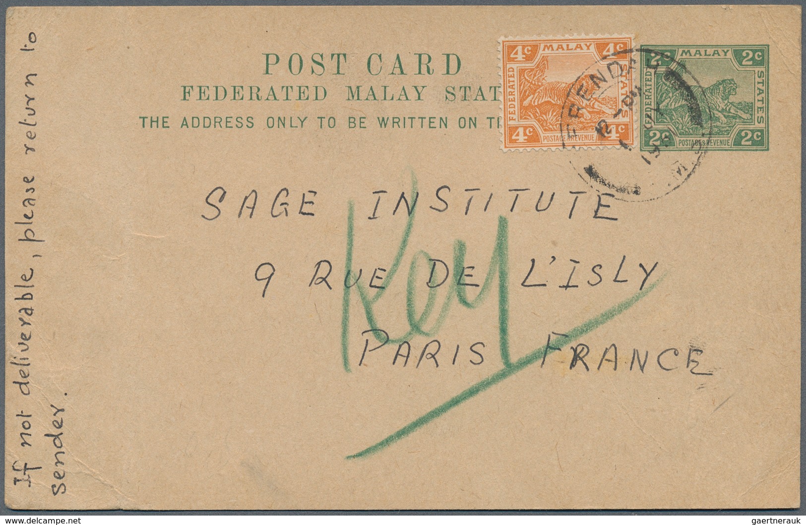 Malaiische Staaten - Selangor: 1931, SERENDAH: Federated Malay States Stat. Postcard Tiger 2c. Green - Selangor