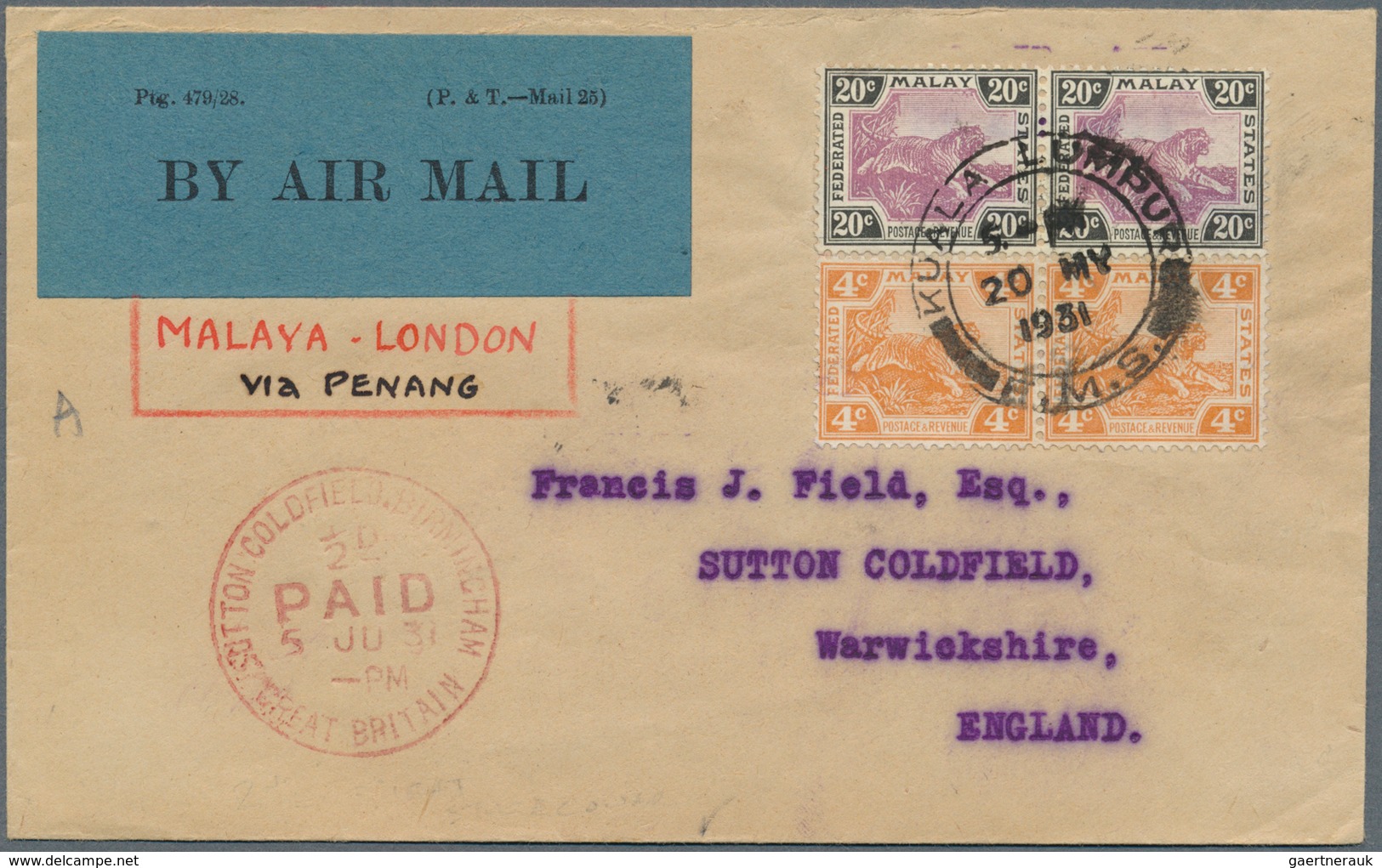 Malaiische Staaten - Selangor: 1931, 4c. Orange And 20c. Dull Purple/black, Horiz. Pair Each, On Fli - Selangor