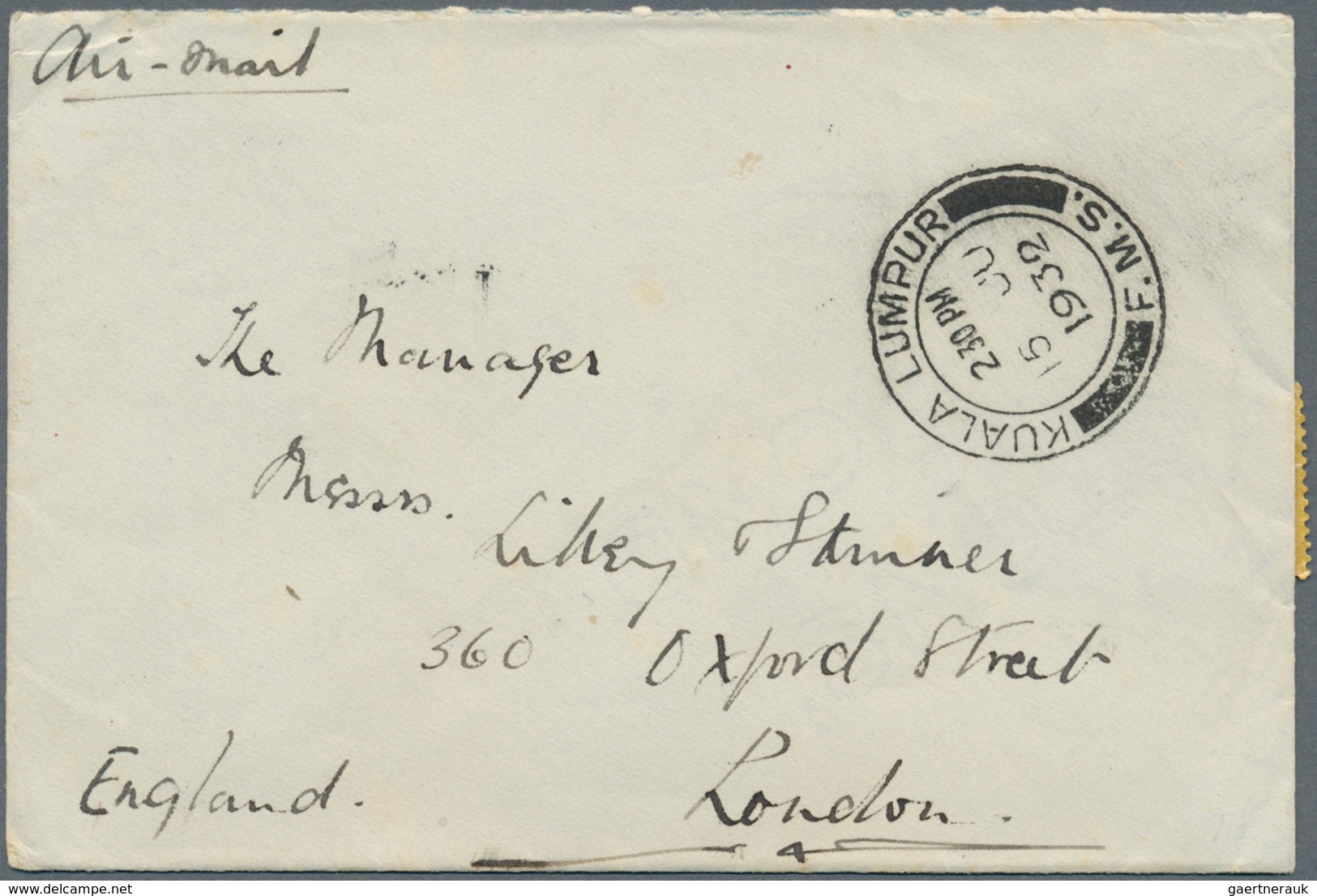 Malaiische Staaten - Selangor: 1932/1941, small lot of two airmails with 50c mosque, one to Bangkok,