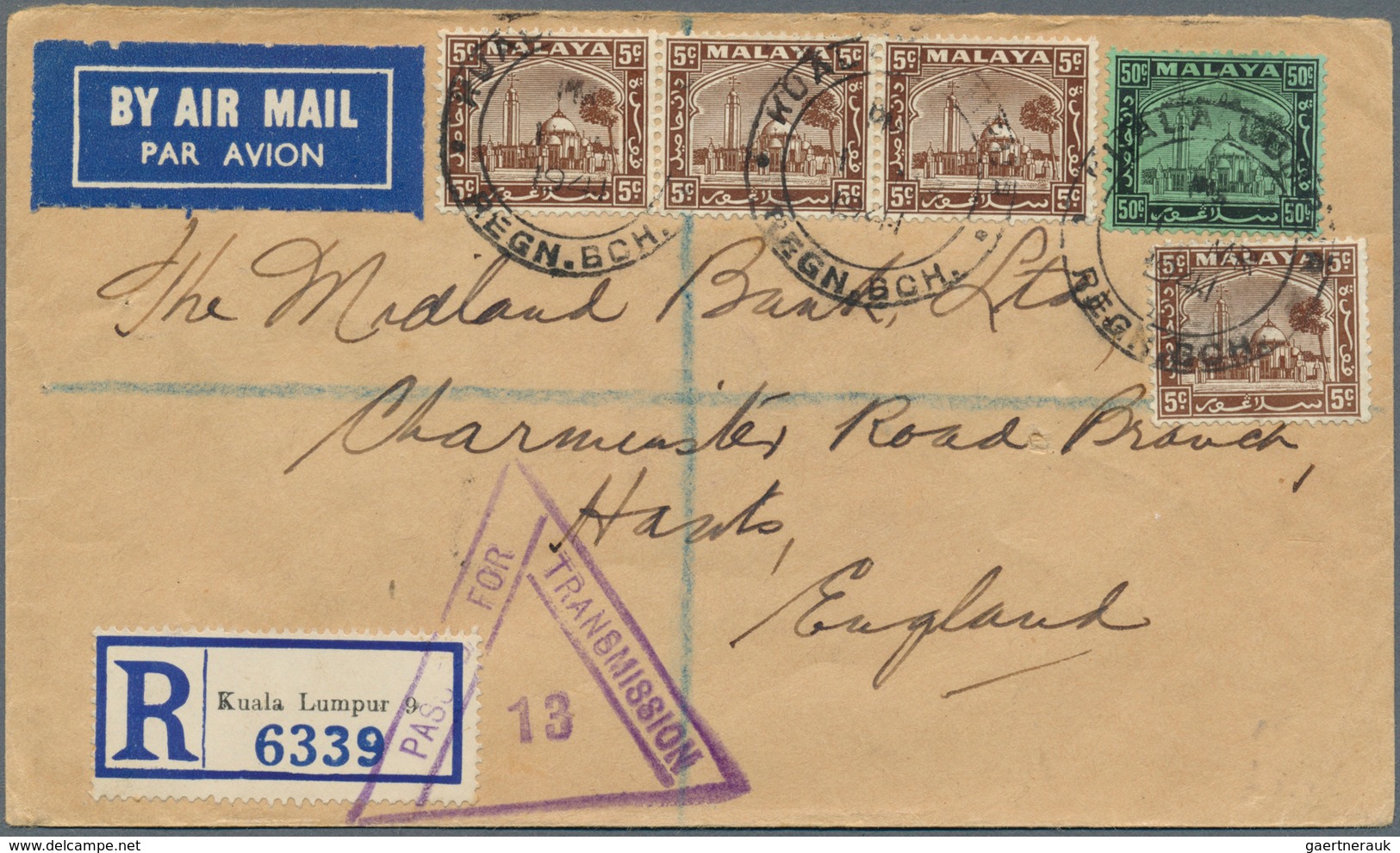 Malaiische Staaten - Selangor: 1932/1941, small lot of two airmails with 50c mosque, one to Bangkok,