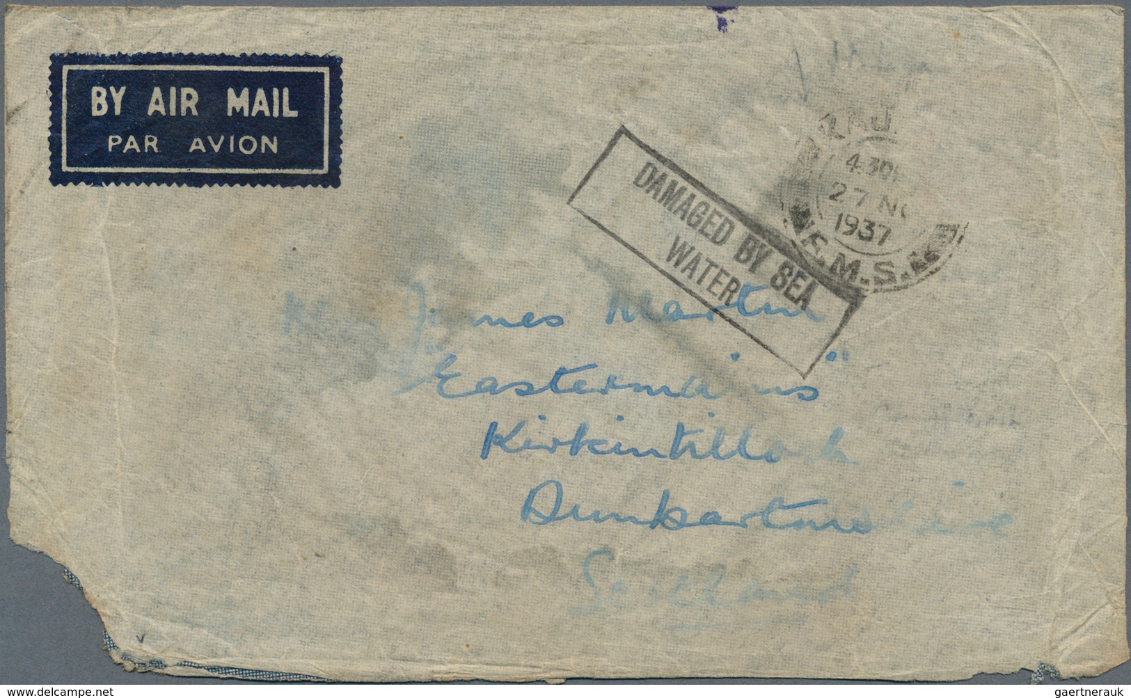 Malaiische Staaten - Selangor: 1937 (27.11.), SALVAGED AIRMAIL Cover From KAJANG/F.M.S. With Stamp M - Selangor