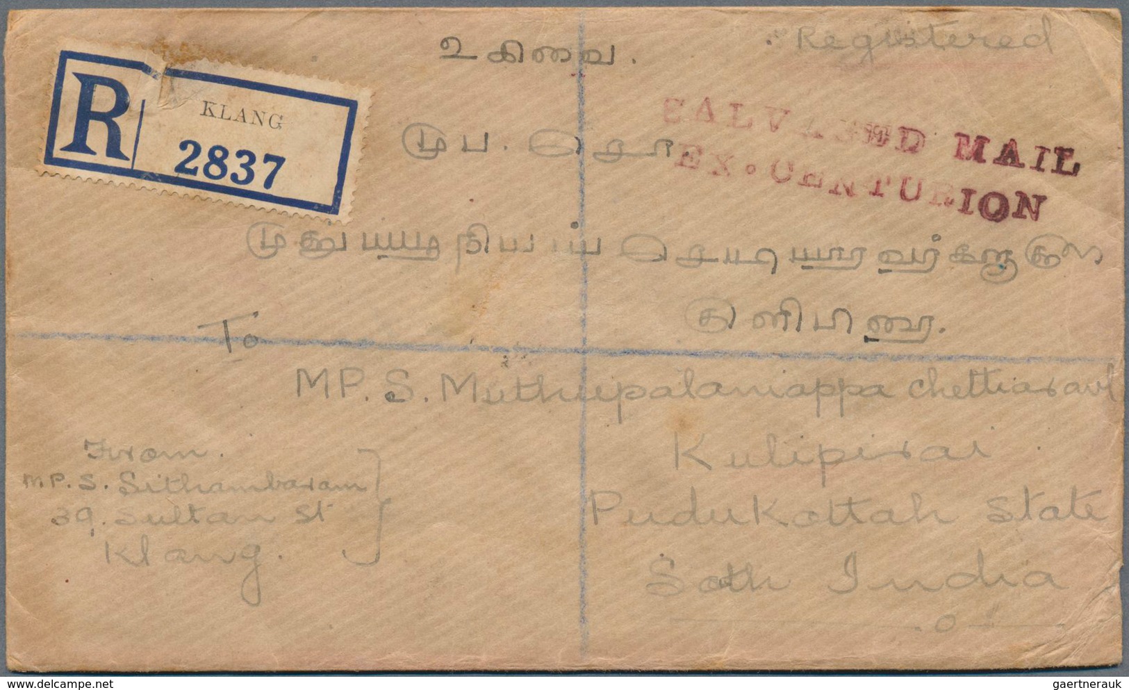 Malaiische Staaten - Selangor: 1939, Crash Mail CENTURION, Registered Cover From Klang, 10.JUN 39, A - Selangor