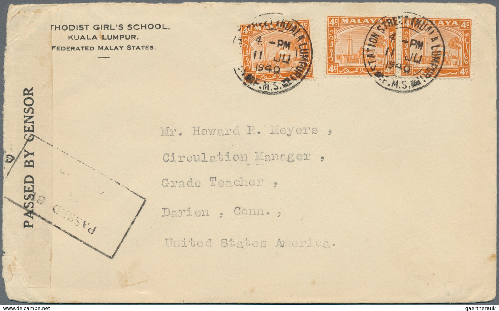 Malaiische Staaten - Selangor: 1940, STATION STREET KUALA LUMPUR: Mosque 4c. Orange Pair + Single Us - Selangor