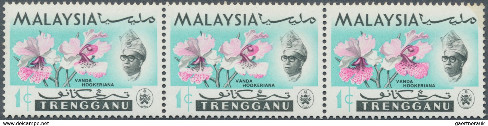 Malaiische Staaten - Trengganu: 1965, Orchids 1c. 'Vanda Hookeriana' Horizontal Strip Of Three With - Trengganu