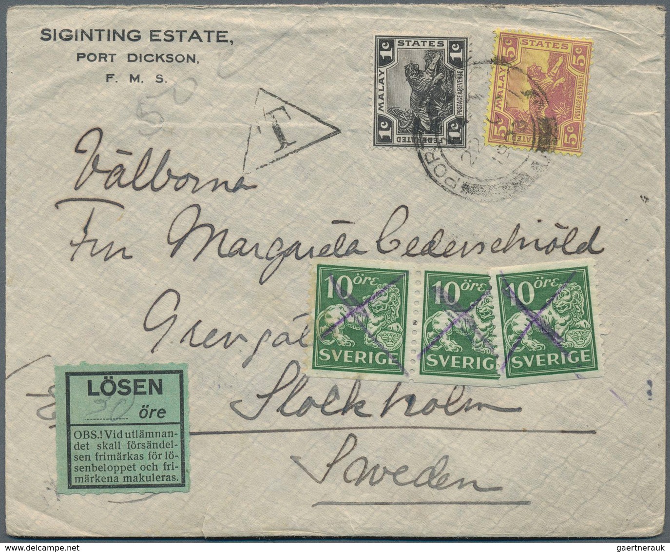 Malaiischer Bund: 1923, 1 And 5 C Lion On Underfranked Cover From PORT DICKSON" To Stockholm. Taxed - Fédération De Malaya