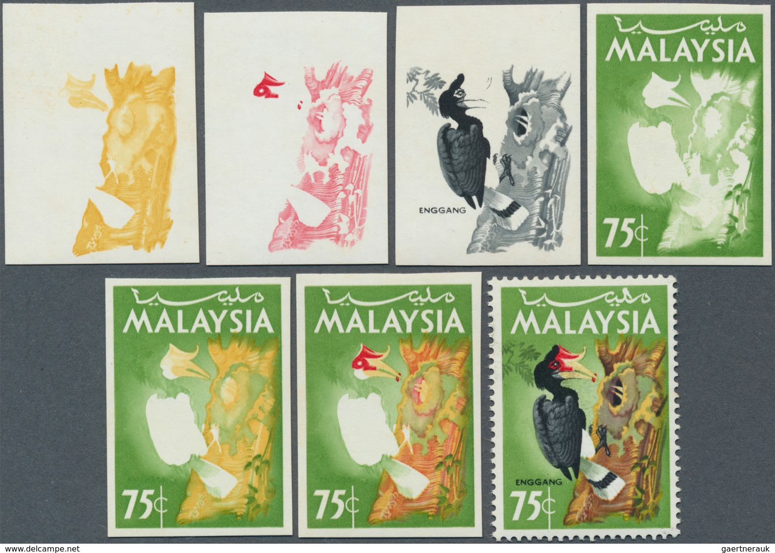 Malaysia: 1965, Birds 75c. 'Rhinoceros Hornbill' (Buceros Rhinoceros) In Six Different Imperforate P - Malaysia (1964-...)