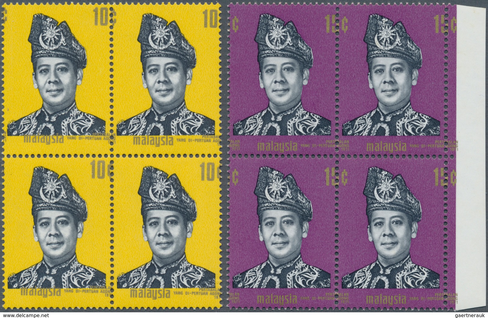 Malaysia: 1971, Enthronement Of King Abdul Halim 10c. And 15c. Blocks Of Four With SHIFTED GOLD To U - Malaysia (1964-...)