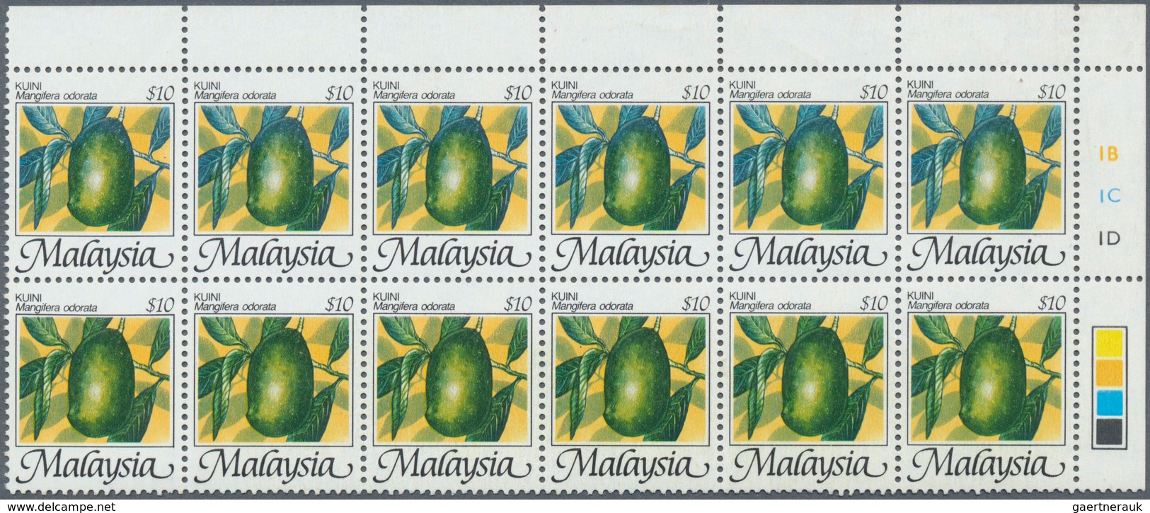 Malaysia: 1986, Fruits $10 'Papaya' (Carica Papaya) Block Of 12 From Upper Right Corner With Partly - Malaysia (1964-...)