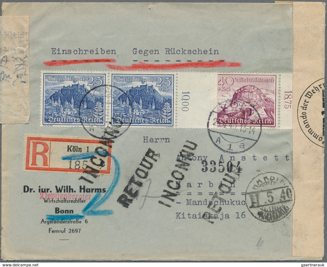 Mandschuko (Manchuko): Incoming Mail, 1940, Germany: AR-registered Cover From Lawyer "KÖLN 24.4.40" - 1932-45 Mandchourie (Mandchoukouo)