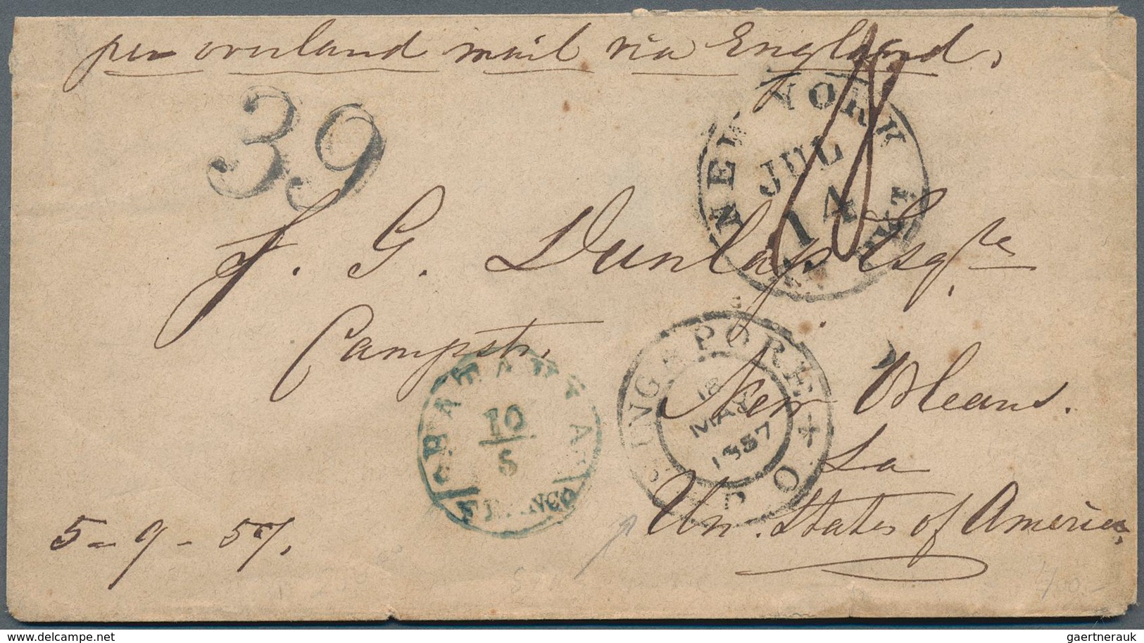 Niederländisch-Indien: 1857 Stampless Pre-philatelic Cover From Batavia To New Orleans, U.S.A. Via S - Indes Néerlandaises