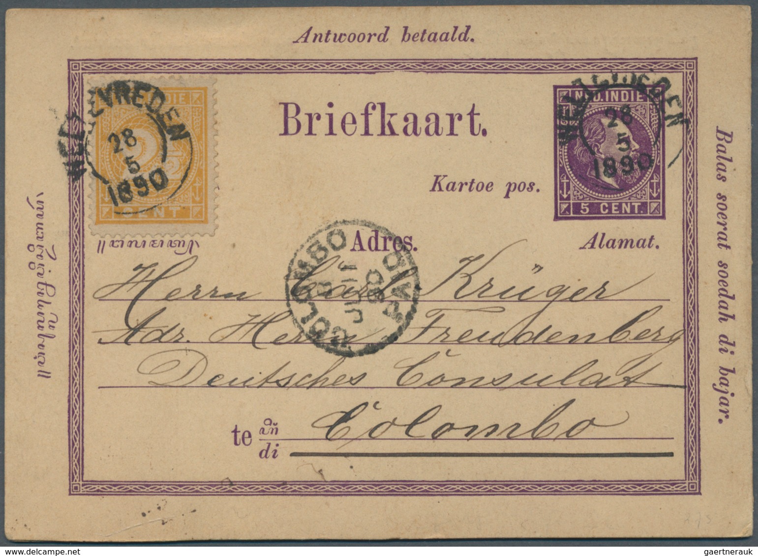 Niederländisch-Indien: 1890, 5 C. Stationery Reply Card Uprated With 2 1/2 C. Sent From WELTEVREDEN - Indes Néerlandaises