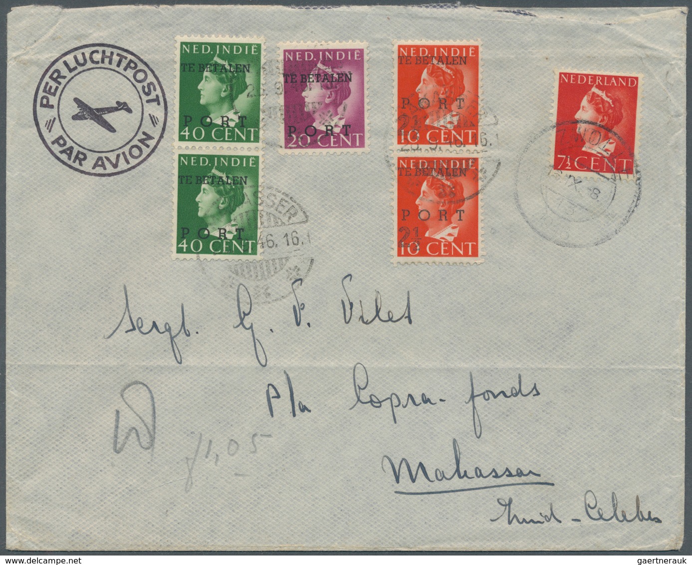 Niederländisch-Indien - Portomarken: 1946, Air Mail Letter From ZWOLLE, Netherlands Only Franked Wit - Indes Néerlandaises