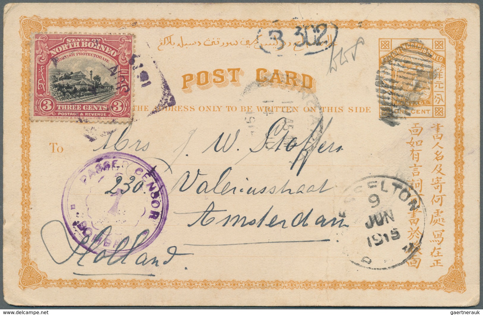 Nordborneo: 1915, 1 C Yellow-orange Postal Stationery Card, Uprated With 3 C Black And Rose-lake, Ti - Bornéo Du Nord (...-1963)