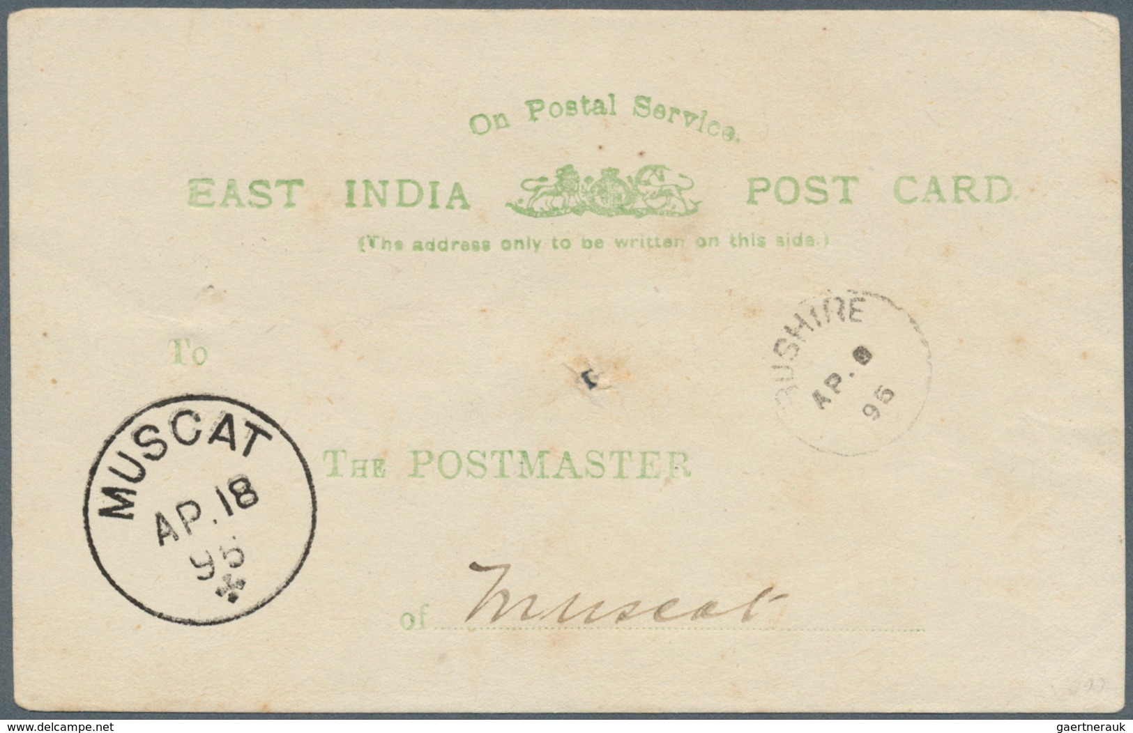 Oman: PERSIA 1895: Indian Official Postal Stationery Card Used From BUSHIRE To MUSCAT With Small "BU - Oman