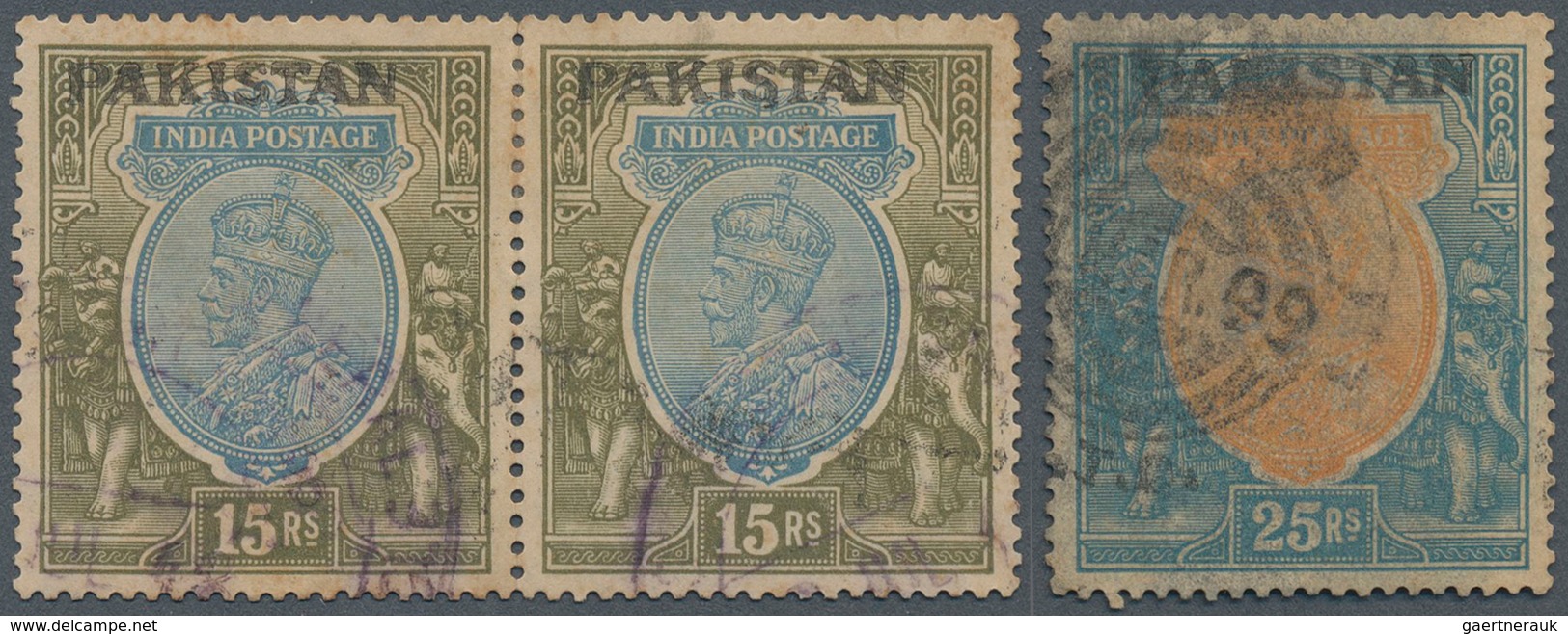 Pakistan: 1947 Local "PAKISTAN" Overprint On KGV. 15r. Pair And 25r., All Used, The 15r. Pair With D - Pakistan