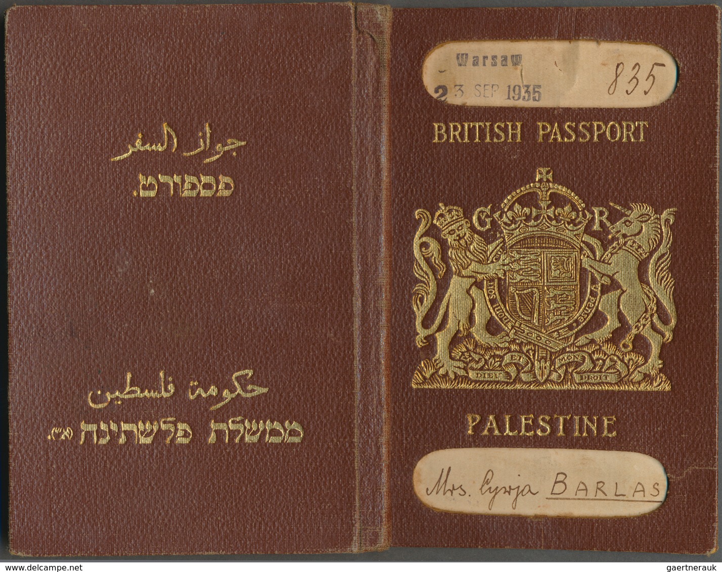 Palästina: 1935, "British Passport Palestine" For Mrs. Cywja Barlas (*1911, Resident At Haifa) Issue - Palestine