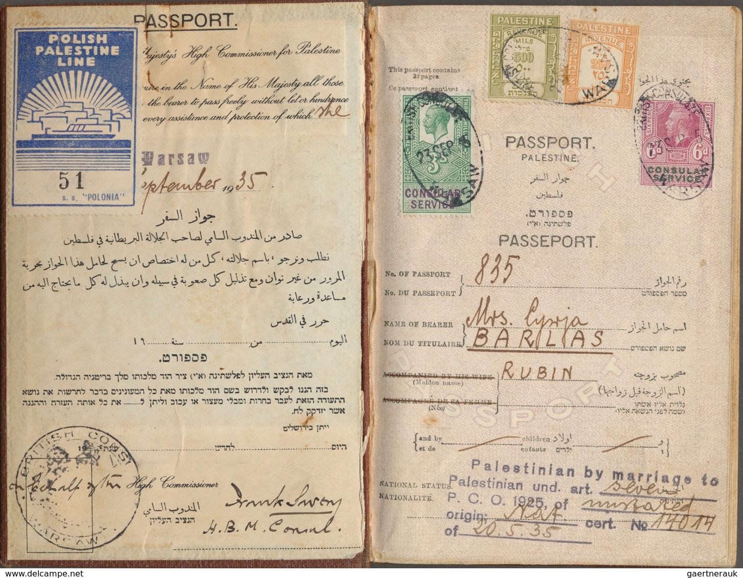 Palästina: 1935, "British Passport Palestine" For Mrs. Cywja Barlas (*1911, Resident At Haifa) Issue - Palästina