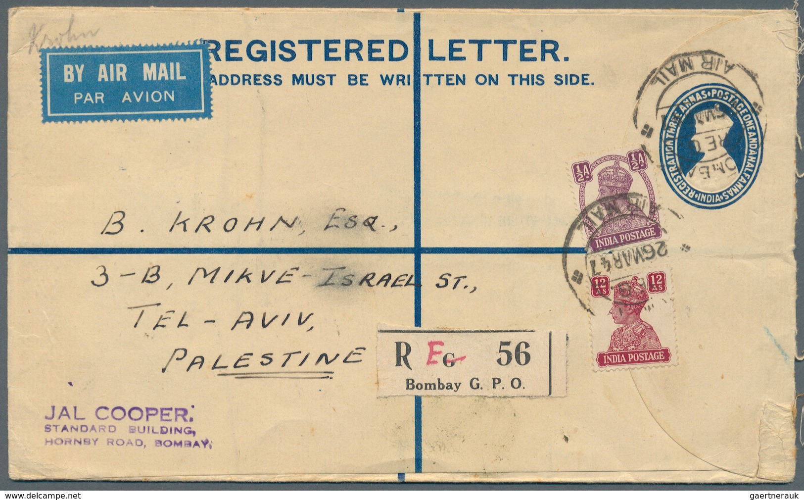Palästina - Stempel: LYDDA AIRPORT (type D3): 1947 (26.3.), Registered Letter From India With Very F - Palestine